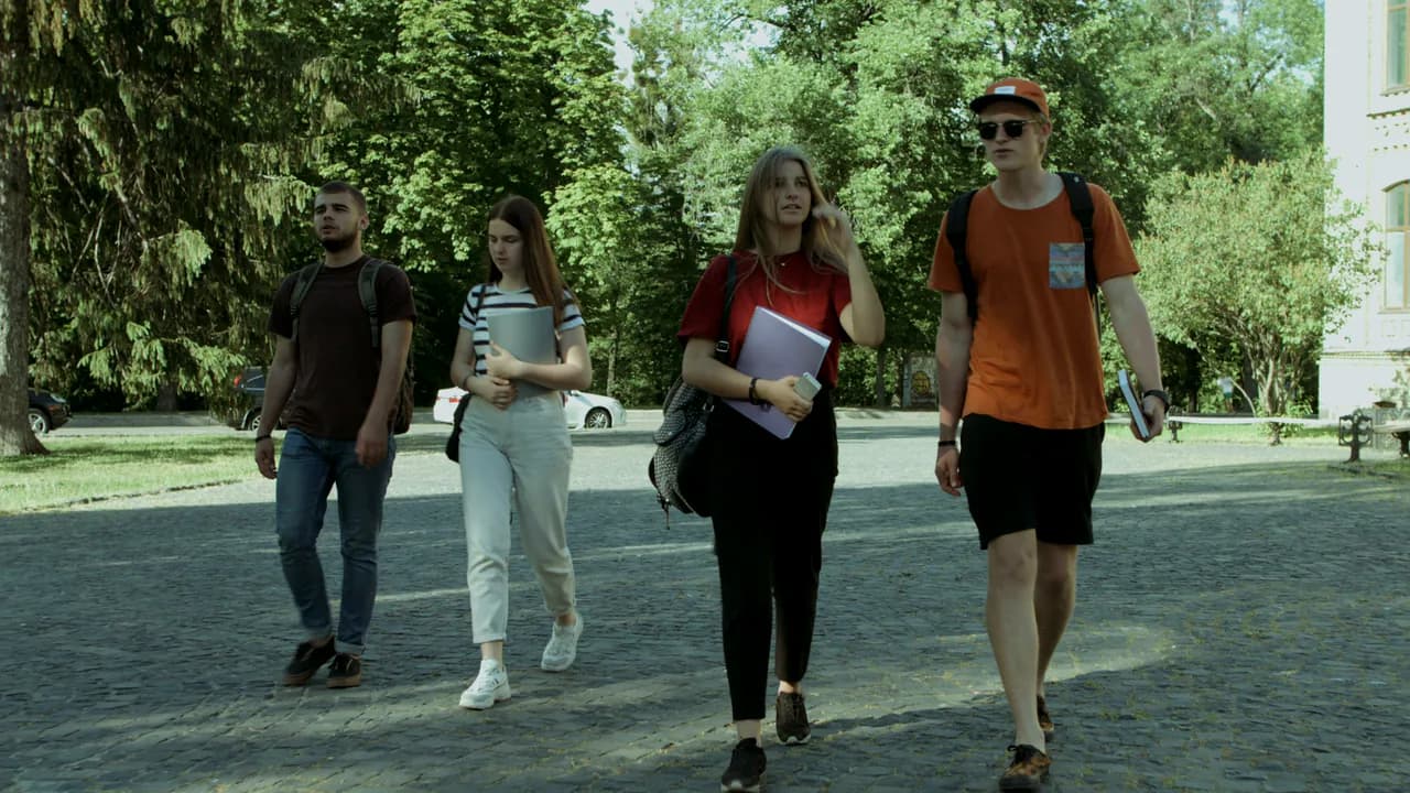 Students walking together across a university campus